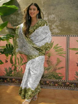SATRANI - Off-White Khadi Printed Saree with Unstitched Blouse