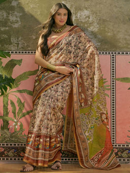 SATRANI - Beige Cotton Linen Printed Saree with Unstitched Blouse