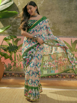 SATRANI - Beige Cotton Linen Printed Saree with Unstitched Blouse