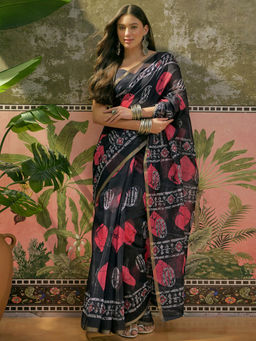 SATRANI - Black Cotton Linen Printed Saree with Unstitched Blouse