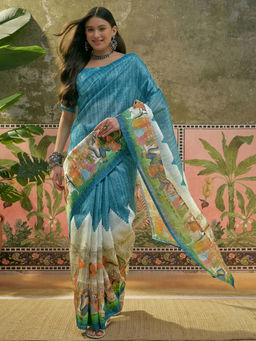 SATRANI - Navy Blue Shimmer Silk Printed Saree with Unstitched Blouse