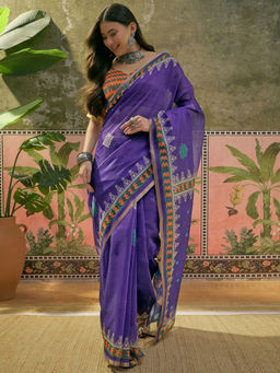 SATRANI - Violet Cotton Linen Printed Saree with Unstitched Blouse
