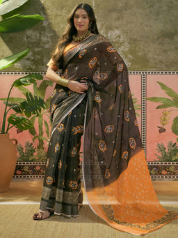 SATRANI - Black Cotton Linen Bandhani Printed Saree with Unstitched Blouse