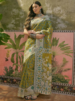 SATRANI - Lime Green Shimmer Silk Printed Saree with Unstitched Blouse