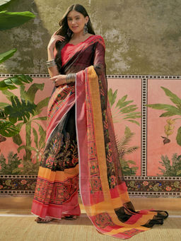 SATRANI - Black Cotton Linen Printed Saree with Unstitched Blouse