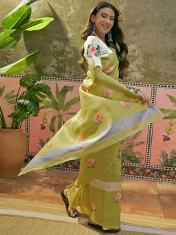 SATRANI - Light Green Shimmer Silk Floral Printed Saree with Unstitched Blouse
