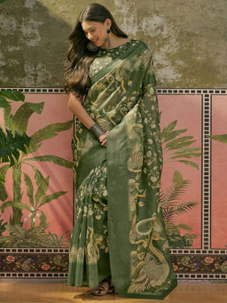 SATRANI - Dark Green Shimmer Silk Printed Saree with Unstitched Blouse