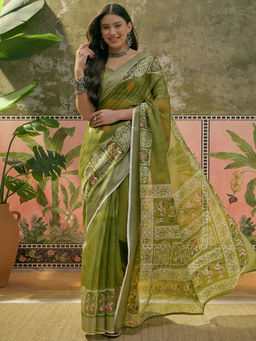 SATRANI - Mehndi Green Cotton Linen Printed Saree with Unstitched Blouse