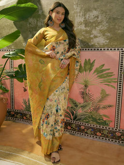 SATRANI - Beige Shimmer Silk Printed Saree with Unstitched Blouse