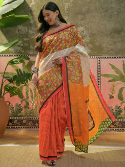 SATRANI - Orange Shimmer Silk Printed Saree with Unstitched Blouse