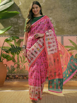 SATRANI - Pink Shimmer Silk Printed Saree with Unstitched Blouse
