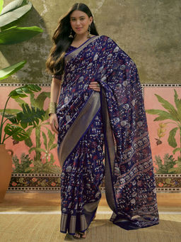 SATRANI - Navy Blue Silk Printed Zari Stripes Weaving Border Saree with Unstitched Blouse