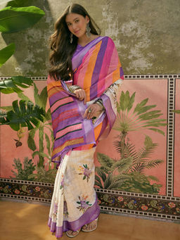 SATRANI - White Linen Floral Printed Zari Border Saree with Unstitched Blouse