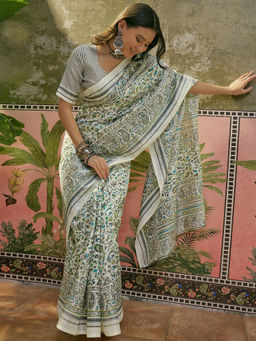 SATRANI - Beige Khadi Printed Saree with Unstitched Blouse