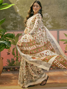 SATRANI - Beige Khadi Printed Saree with Unstitched Blouse