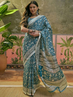 SATRANI - Blue Khadi Printed Saree with Unstitched Blouse