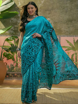 SATRANI - Blue Khadi Printed Saree with Unstitched Blouse