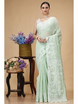 SLAGHA - Green Women's Ethnic Muslin Saree with Unstitched Blouse