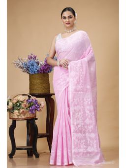SLAGHA - Pink Women's Ethnic Muslin Saree with Unstitched Blouse