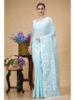 SLAGHA - Turquoise Women's Ethnic Muslin Saree with Unstitched Blouse