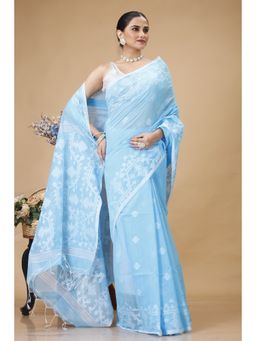 SLAGHA - Blue Women's Ethnic Muslin Saree with Unstitched Blouse