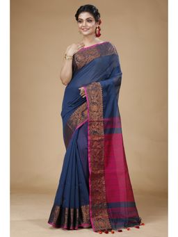 SLAGHA - Navy Blue Woven Handloom Cotton Silk Saree with Unstitched Blouse