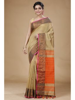 SLAGHA - Beige Woven Handloom Cotton Silk Saree with Unstitched Blouse