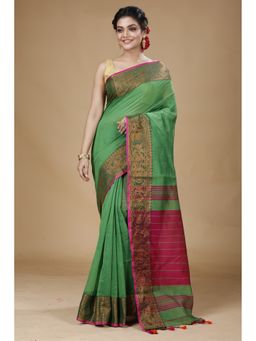 SLAGHA - Green Woven Handloom Cotton Silk Saree with Unstitched Blouse