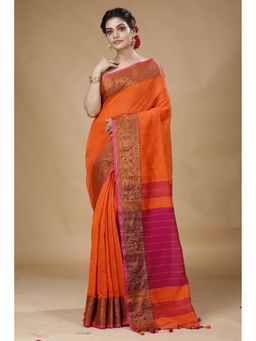 SLAGHA - Orange Woven Handloom Cotton Silk Saree with Unstitched Blouse
