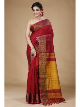 SLAGHA - Red Woven Handloom Cotton Silk Saree with Unstitched Blouse