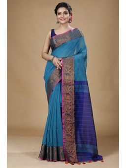 SLAGHA - Blue Woven Handloom Cotton Silk Saree with Unstitched Blouse