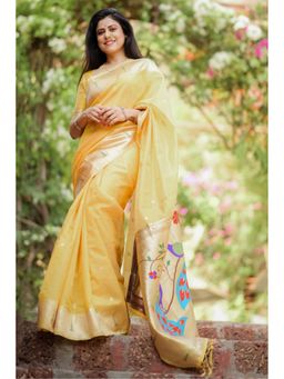 Mysilklove - Bumblebee Yellow Organza Woven Paithani Saree with Unstitched Blouse