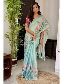 Mysilklove - Pastel Blue Printed Linen Saree with Unstitched Blouse