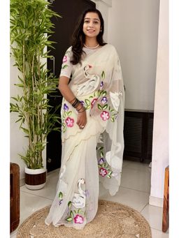 Mysilklove - Pearl White Organza Printed Floral Saree with Unstitched Blouse