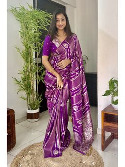 Mysilklove - Royal Purple Peacock Kalamkari Cotton Silk Saree with Unstitched Blouse