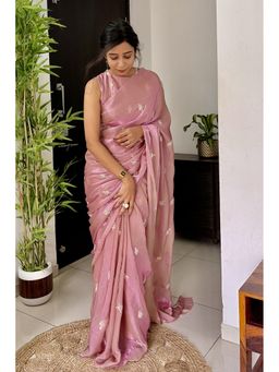 Mysilklove - Rose Pink Embroidered Partywear Saree with Unstitched Blouse
