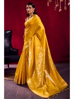 Mysilklove - Saffron Mustard Handloom Satin Linen Silk Saree with Unstitched Blouse