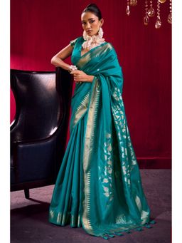 Mysilklove - Glaucous Teal Handloom Satin Linen Silk Saree with Unstitched Blouse