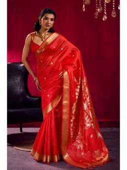 Mysilklove - Batorange Red Handloom Satin Linen Silk Saree with Unstitched Blouse