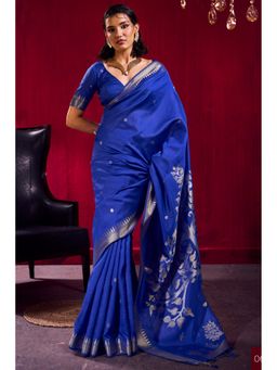 Mysilklove - Curious Blue Handloom Satin Linen Silk Saree with Unstitched Blouse