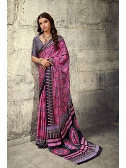 Mysilklove - Pink Modal Ajrakh Satin Printed Silk Saree with Unstitched Blouse