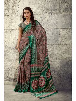 Mysilklove - Brown Modal Ajrakh Satin Printed Silk Saree with Unstitched Blouse