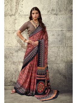 Mysilklove - Pickle Red Modal Ajrakh Satin Printed Silk Saree with Unstitched Blouse