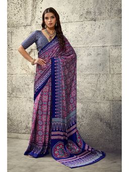 Mysilklove - Han Purple Modal Ajrakh Satin Printed Silk Saree with Unstitched Blouse
