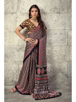 Mysilklove - Black Bean Modal Ajrakh Satin Printed Silk Saree with Unstitched Blouse