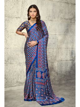 Mysilklove - Electric Blue Modal Ajrakh Satin Printed Silk Saree with Unstitched Blouse