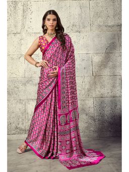 Mysilklove - Salmon Pink Modal Ajrakh Satin Printed Silk Saree with Unstitched Blouse