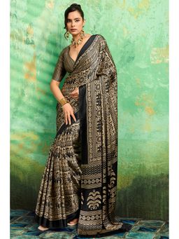 Mysilklove - Black Licorice Modal Satin Kalamkari Printed Saree with Unstitched Blouse