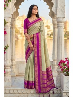 Mysilklove - Olive Green And Purple Woven Banarasi Saree with Unstitched Blouse