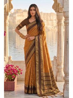 Mysilklove - Gold Mustard Woven Banarasi Saree with Unstitched Blouse